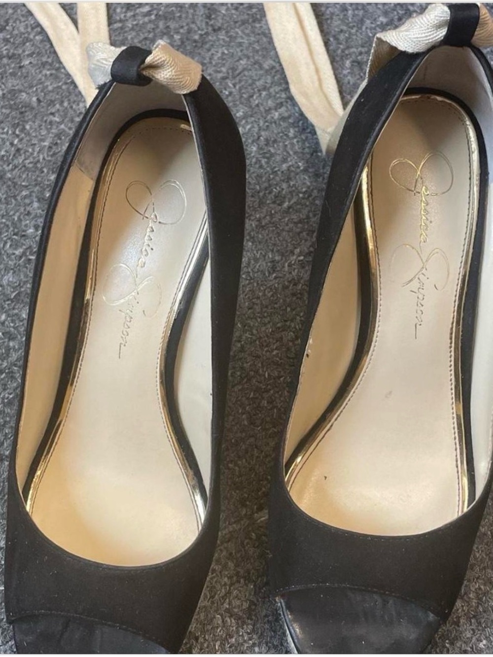 Jessica Simpson Black Espadrille Peep-Toe Slingbacks with Cream Tie